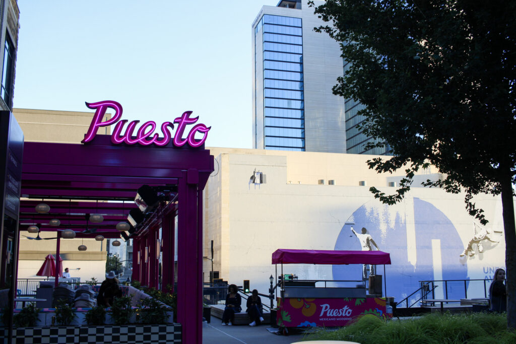 Exterior of Puesto Mexican restaurant in Nashville Yards, Nashville, TN.