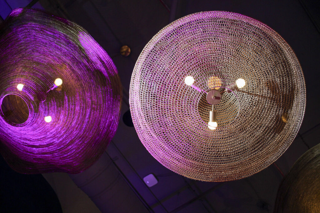 Indoor lighting display at Puesto Mexican restaurant in Nashville Yards, Nashville, TN.