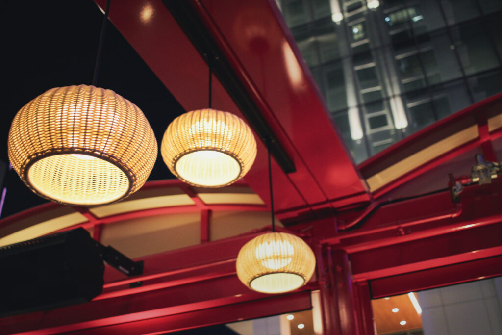 Outdoor patio lighting at Puesto Mexican restaurant in Nashville Yards, Nashville, TN.