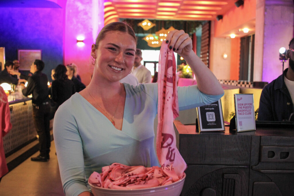 Pink bandanna featuring the Puesto logo at the Mexican restaurant in Nashville Yards, Nashville, TN.