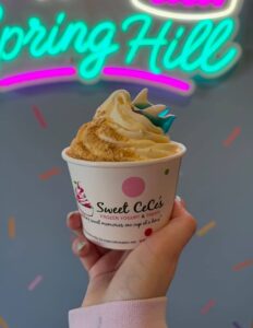 Cup of frozen yogurt topped with cookie crumbs at Sweet CeCe’s in Spring Hill, Tennessee.